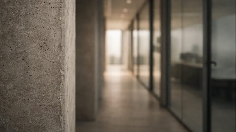 Betonpfeiler im Büroflur mit warmem Licht — Antikorruption Compliance