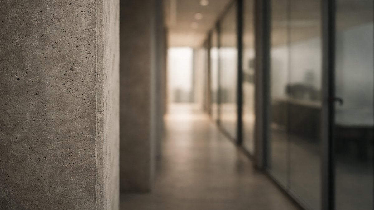 Betonpfeiler im Büroflur mit warmem Licht — Antikorruption Compliance