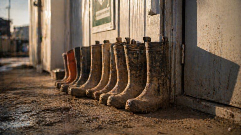 Gummistiefel vor Baucontainer — Sockelverteidigung nach Arbeitsunfall