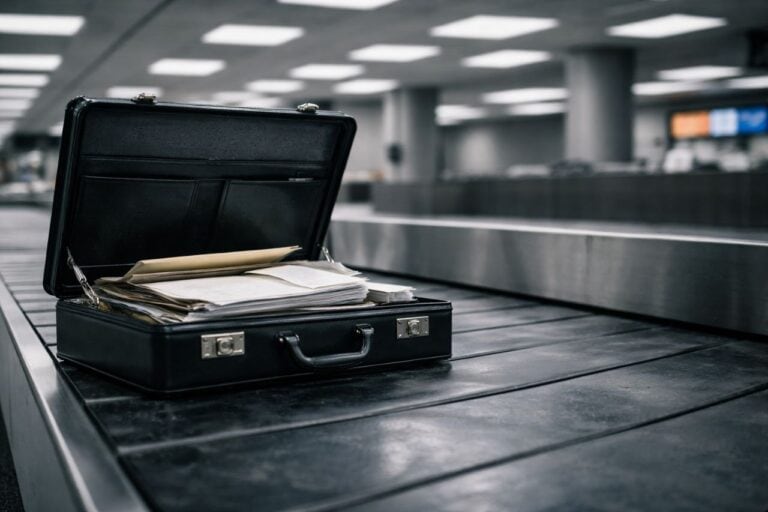 Außenwirtschaftsstrafrecht AWG — Offener Aktenkoffer mit Dokumenten auf Flughafen-Gepäckband — Exportkontrolle Sanktions-Compliance Ermittlung