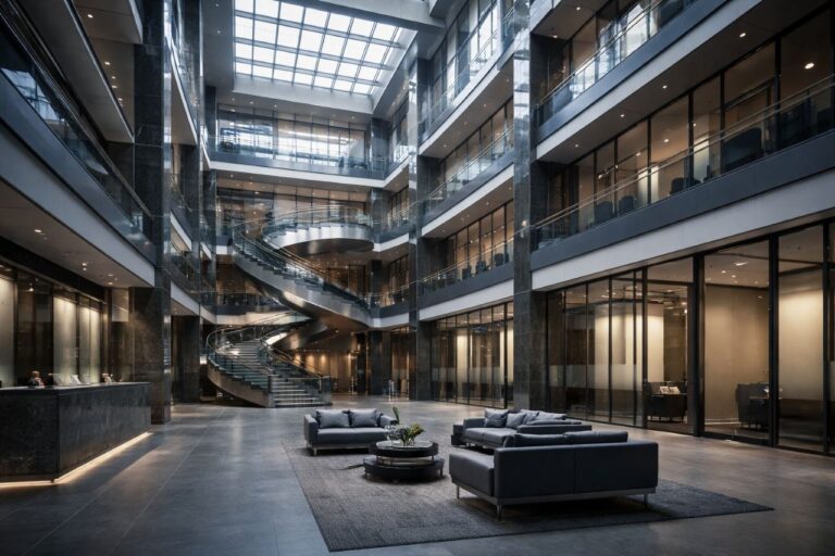 Geldwäsche Verdachtsmeldung — Modernes Bankatrium Glasfassade — FIU Meldepflicht GwG