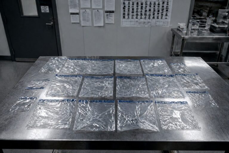 Leere Beweisbeutel auf Stahltisch unter Neonlicht — Beschuldigtenrechte im Strafverfahren