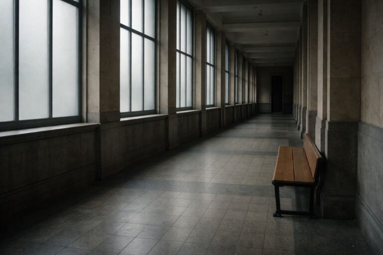Leere Holzbank in leerem Gerichtsflur – Beschuldigtenrechte im Strafverfahren