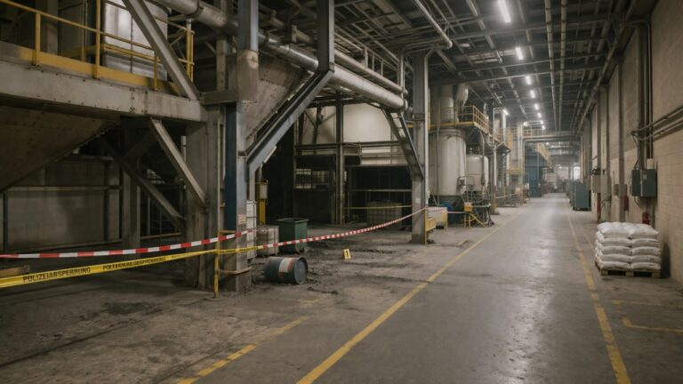 Arbeitsunfall Strafrecht — POLIZEIABSPERRUNG Industriehalle Tatortabsperrung — Betriebsstrafrecht Ermittlungsverfahren
