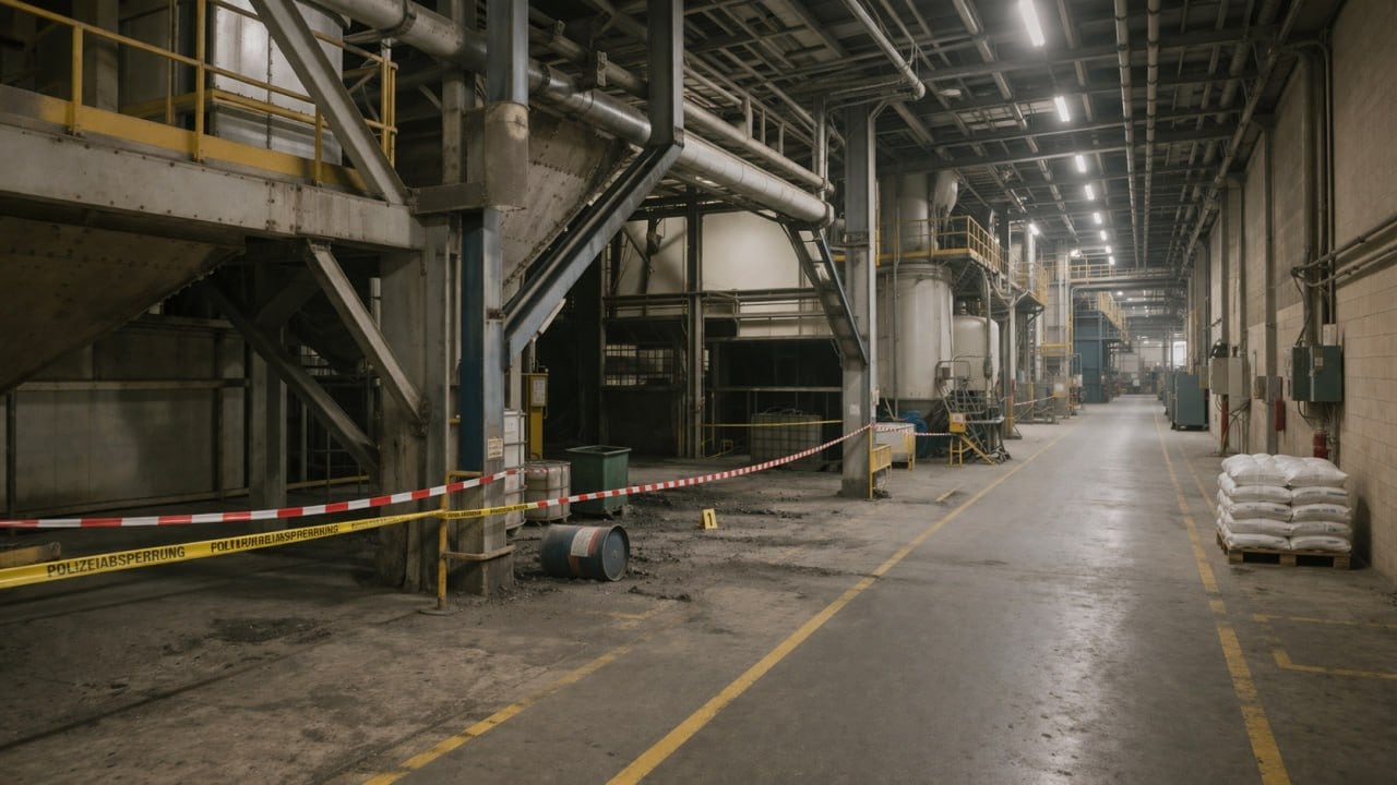 Arbeitsunfall Strafrecht — POLIZEIABSPERRUNG Industriehalle Tatortabsperrung — Betriebsstrafrecht Ermittlungsverfahren