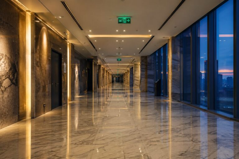 Leerer Marmorkorridor bei Dämmerung — Compliance Officer Haftung und General Counsel