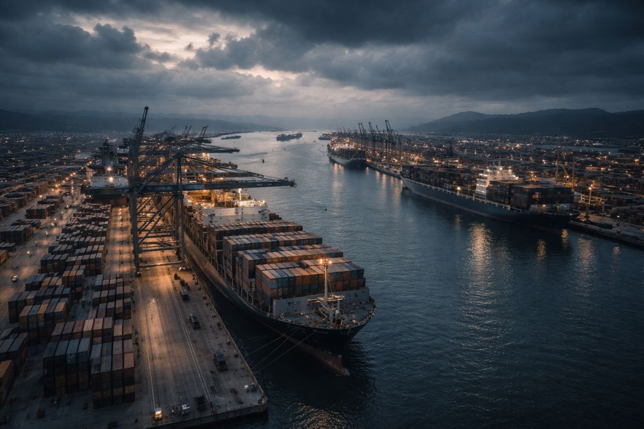 AWG Sanktionen Außenwirtschaftsrecht — Internationaler Containerhafen Nacht — Exportkontrolle Strafrecht