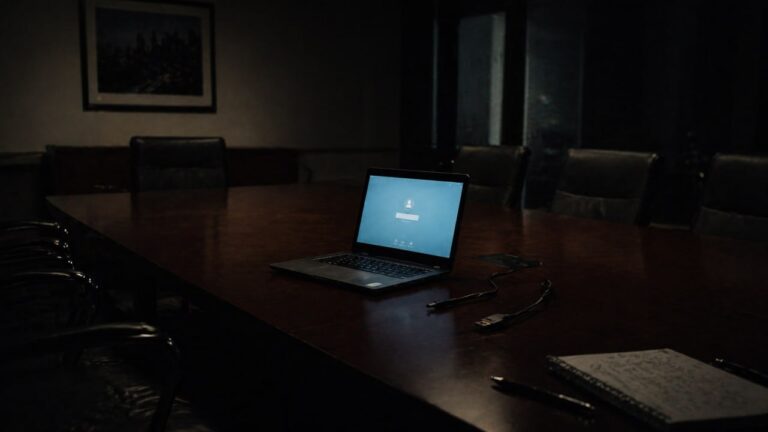 General Counsel Haftung: Leerer Konferenzraum mit Laptop – symbolisiert die Verantwortung des Syndikusrechtsanwalts nach § 280 BGB