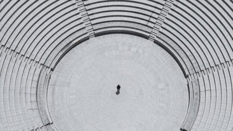 Individuum im System — Kreisförmige Arena Vogelperspektive — Unternehmensstrafrecht Compliance