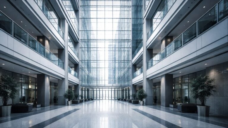 Compliance Architektur Atrium — Corporate Lobby Glasfassade — Compliance Insights