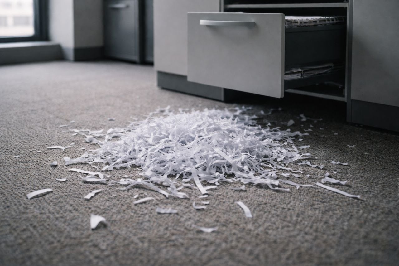 Insolvenzstrafrecht §283 StGB — Geschreddertes Papier vor offenem Aktenschrank — Beweisvernichtung Bankrott Ermittlung