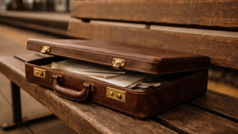 Alter Leder-Aktenkoffer auf Holzbank — Investigations & Wirtschaftsstrafrecht