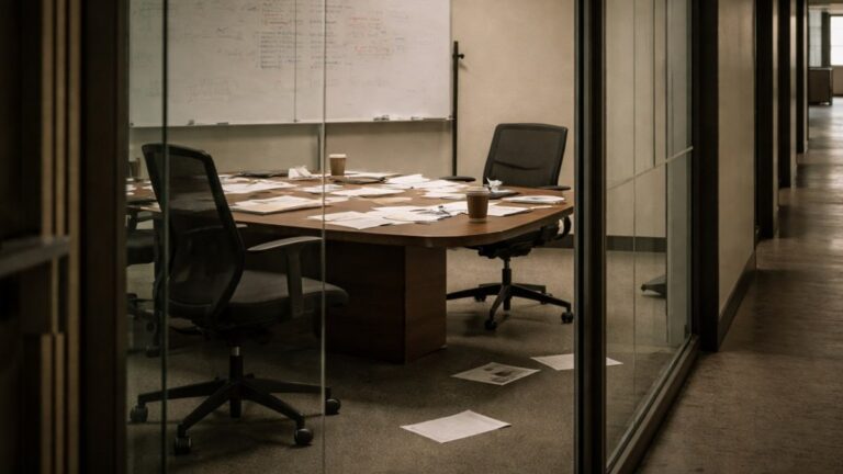 Verlassener Konferenzraum hinter Glaswand — interne Ermittlung — Investigations
