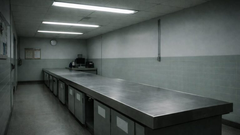 Interne Untersuchung Zollkontrolle — Leerer Inspektionsraum Stahltisch — Investigations Strafrecht