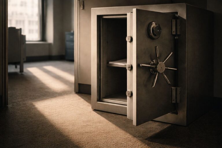 Kapitalmarktstrafrecht — Leerer offener Tresor in Büro mit Lichtstreifen — Insiderhandel Untreue §266 StGB Ermittlung