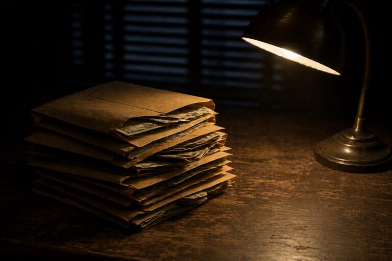 Geldgefüllte Umschläge auf Holztisch unter Schreibtischlampe — Steuerstrafrecht und Schwarzgeld