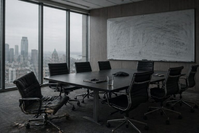 Leerer Hochhaus-Konferenzraum mit beschädigtem Stuhl und Stadtpanorama — Unternehmensstrafrecht § 30 OWiG