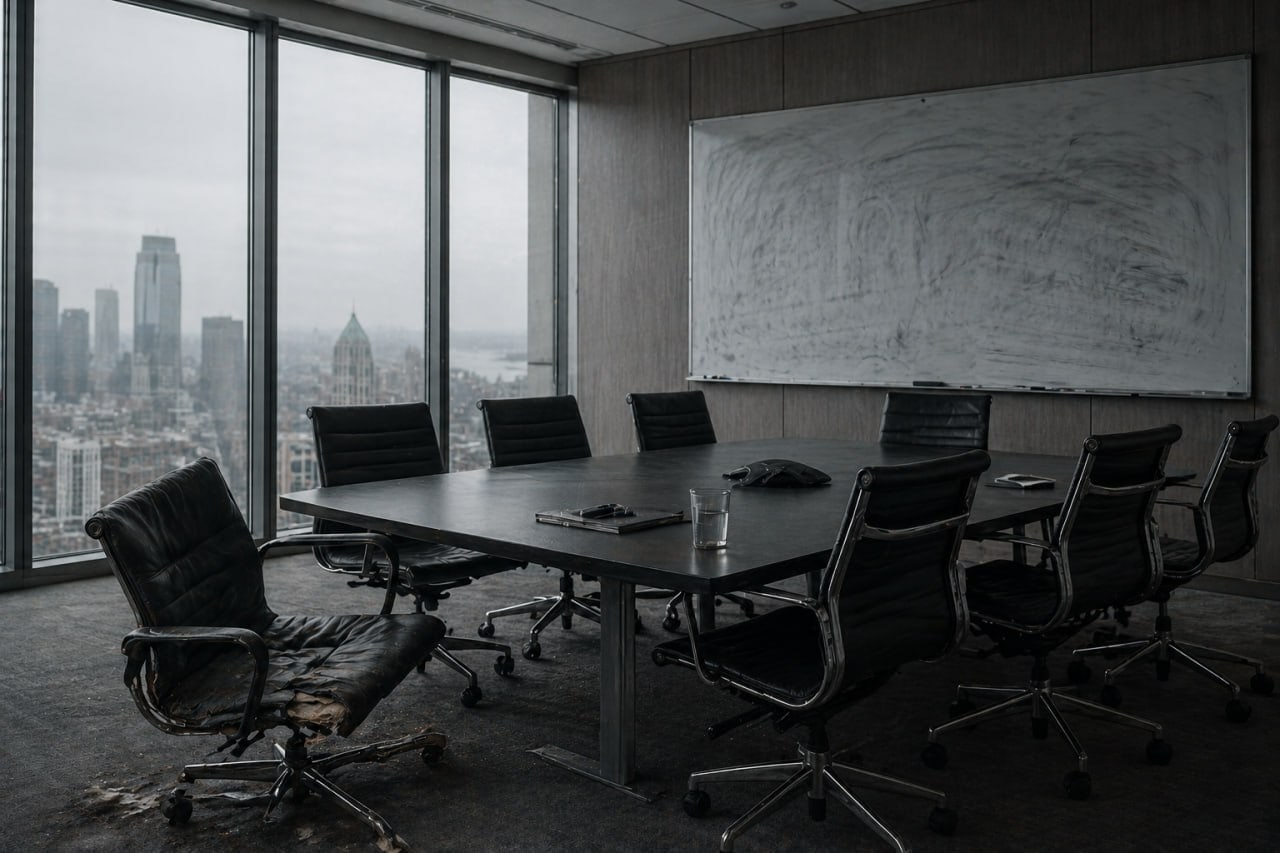 Leerer Hochhaus-Konferenzraum mit beschädigtem Stuhl und Stadtpanorama — Unternehmensstrafrecht § 30 OWiG