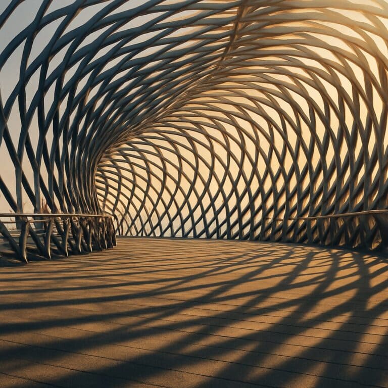 Compliance und Recht — moderner Architektur-Tunnel mit Gitterstruktur im Gegenlicht