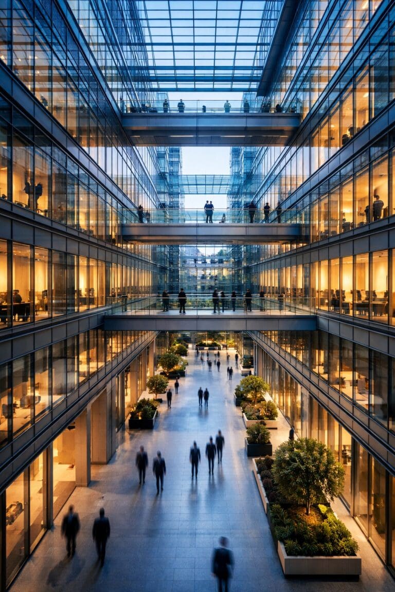 Compliance im Unternehmen — Mitarbeiter im Atrium eines Unternehmens