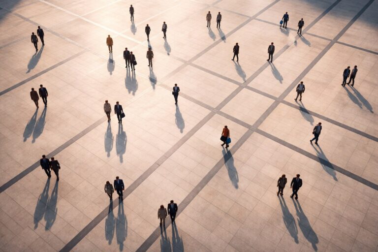 Compliance und Wirtschaftsstrafrecht — Geschäftsleute auf Platz aus Vogelperspektive mit langen Schatten