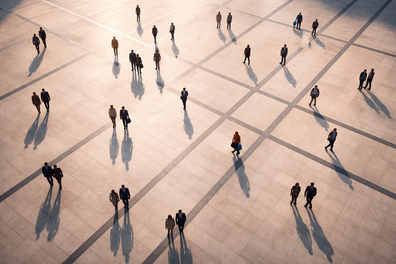 Compliance und Wirtschaftsstrafrecht — Geschäftsleute auf Platz aus Vogelperspektive mit langen Schatten