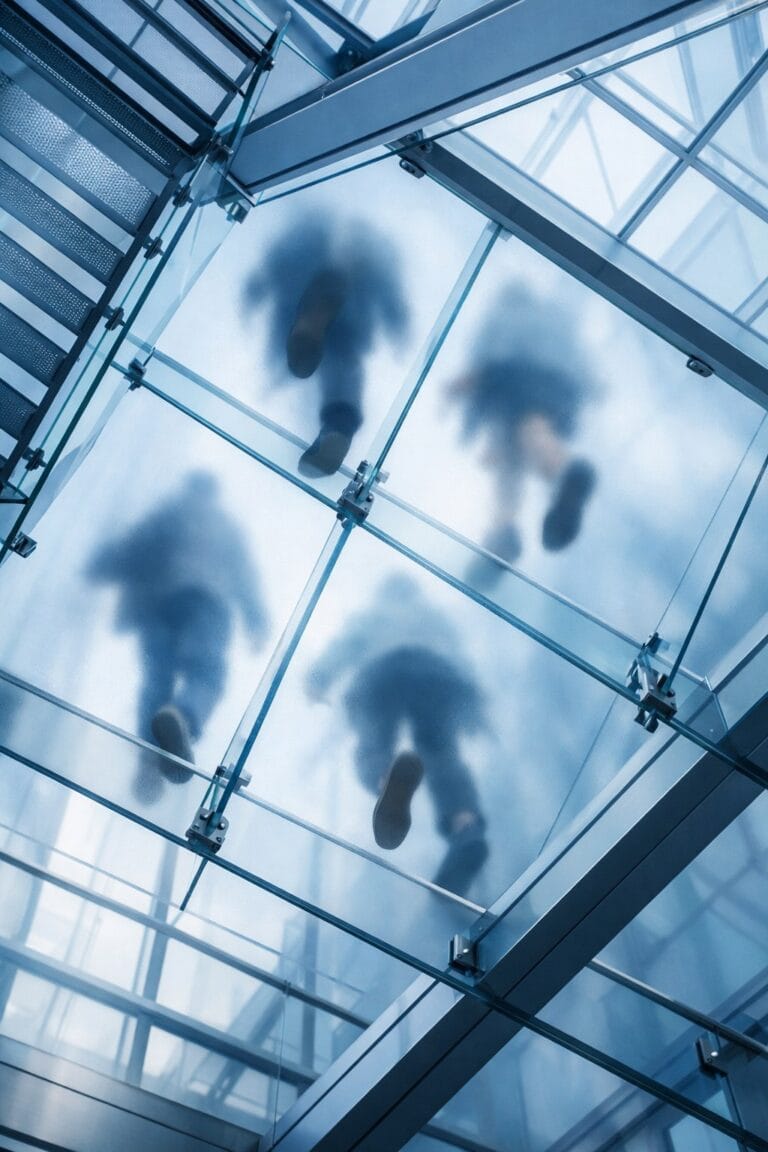 Antikorruptions Compliance EU Richtlinie — Hinweisgeberschutz HinSchG — anonyme Personen auf Glasbodentreppe