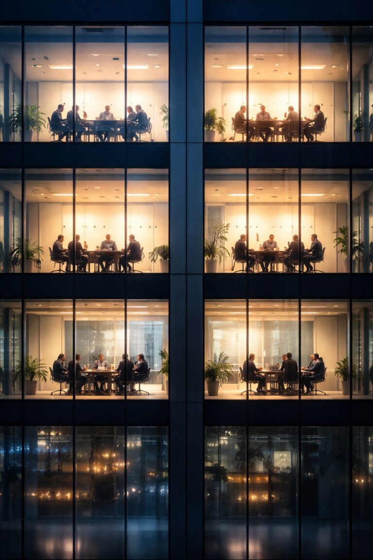 Interne Untersuchung im Unternehmen — Besprechungsräume bei Nacht in Glasfassade