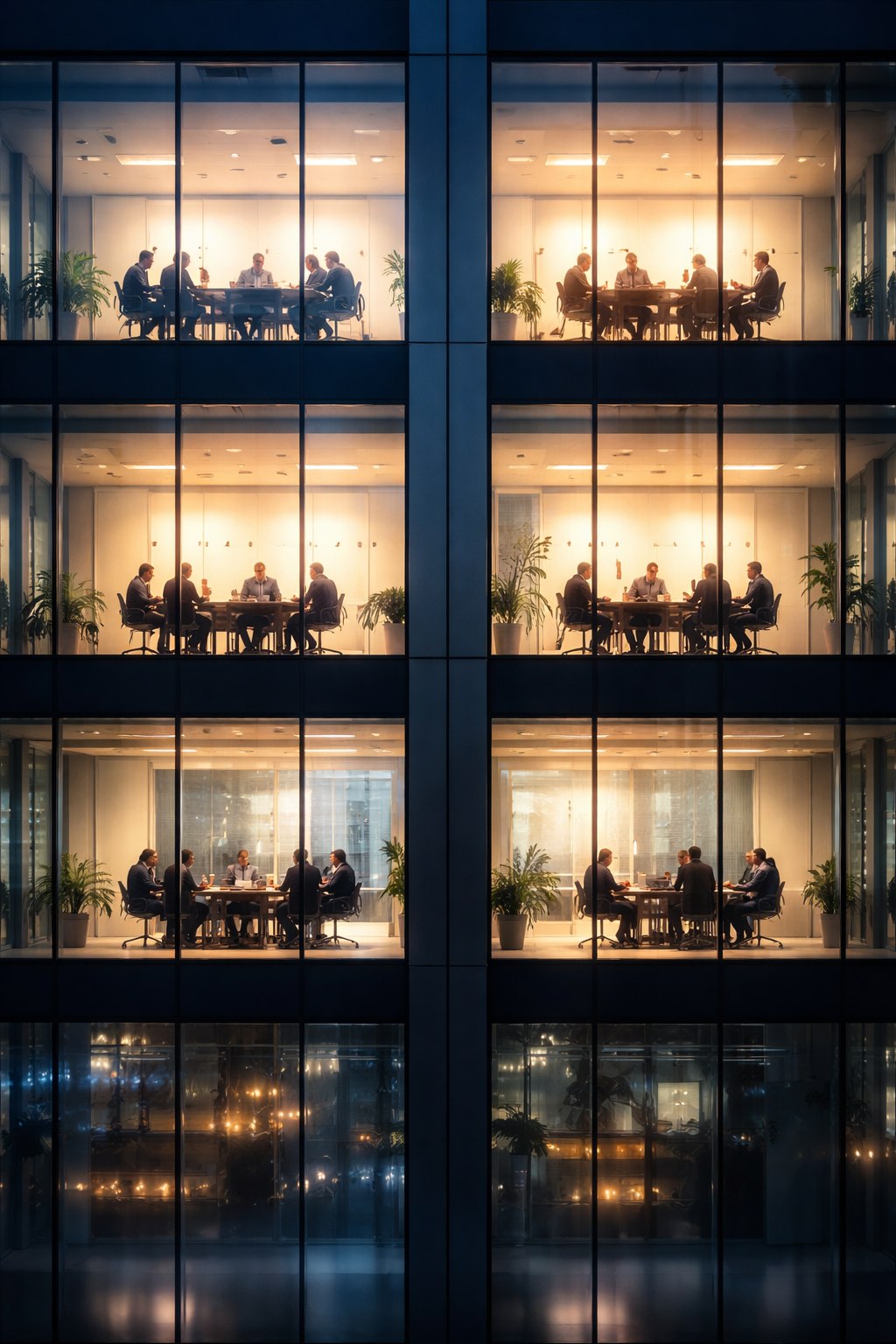 Interne Untersuchung im Unternehmen — Besprechungsräume bei Nacht in Glasfassade