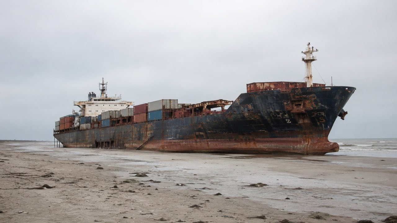 Gestrandetes Containerschiff am Strand — Beaching § 18a AbfVerbrG illegale Schiffsverschrottung
