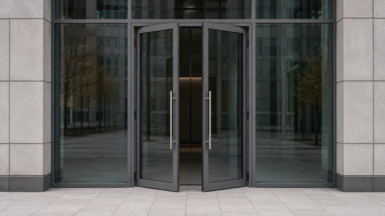 Durchsuchung Unternehmen — Gläserner Unternehmenseingang mit leicht geöffneten Türen — Durchsuchung Strafverfahren