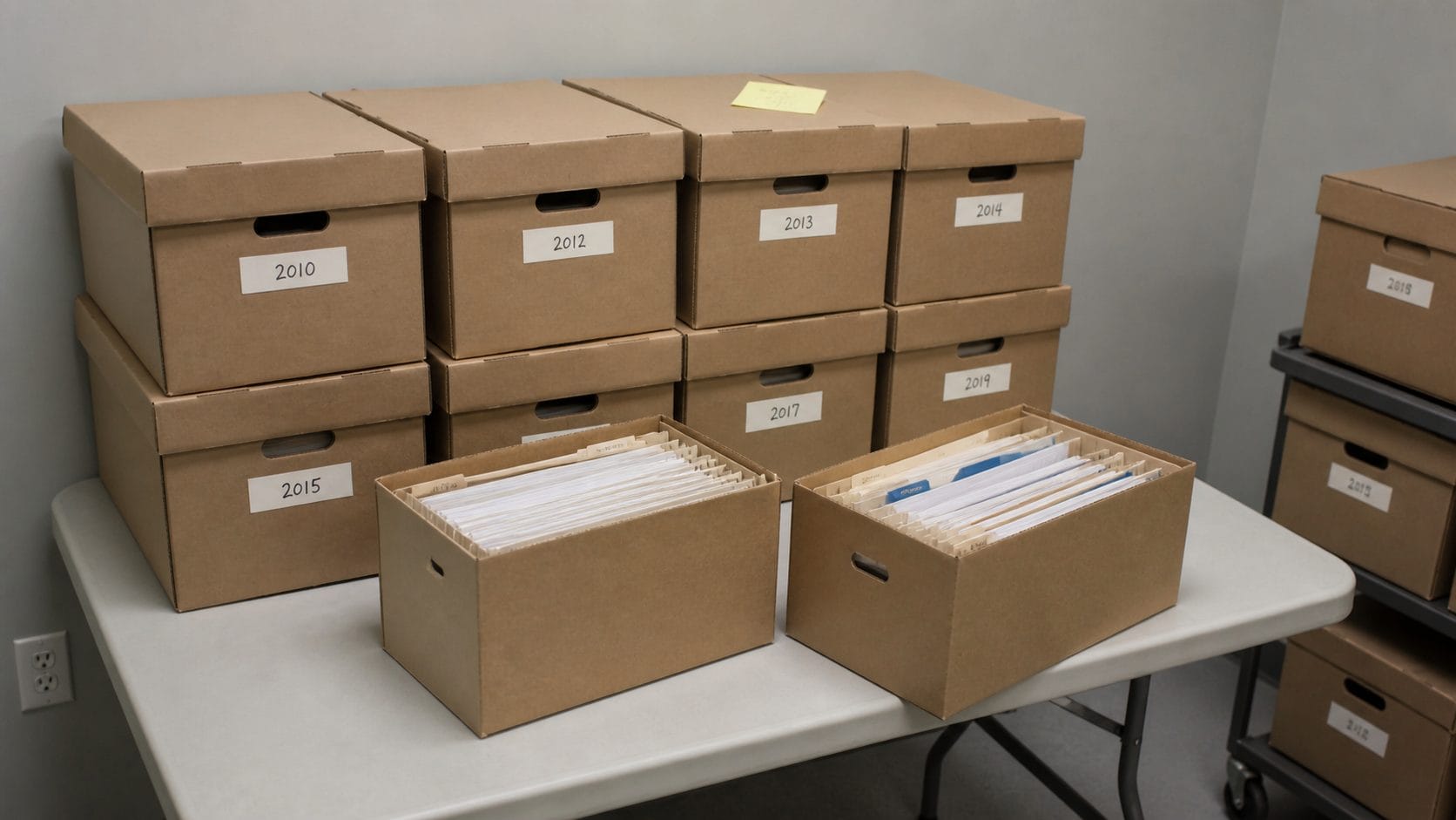 Archivboxen mit Jahresangaben 2010–2019 und geöffneten Hängeregistern — Symbolbild Gewerbesteuerhinterziehung und Steuerermittlung