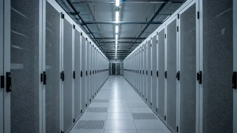 Serverraumgang mit gedämpfter Beleuchtung — IT-Infrastruktur als Tatobjekt und Beweismittel im Wirtschaftsstrafverfahren