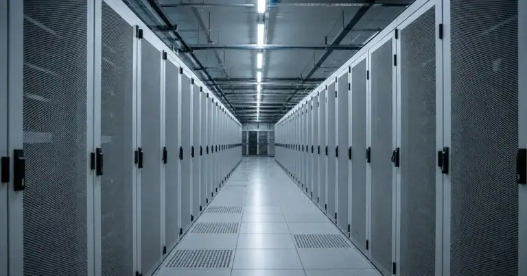 Serverraumgang mit beleuchteten Rack-Einschüben — Ad-hoc-Pflicht bei Cyberangriffen nach Art. 17 MAR