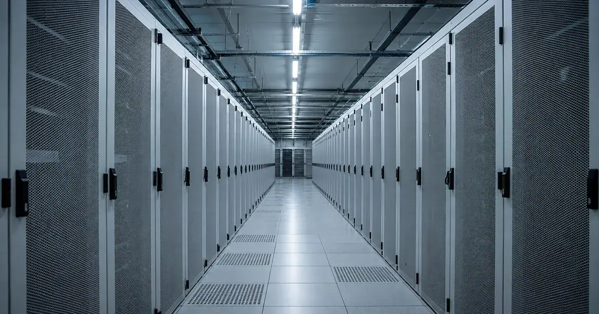 Serverraumgang mit beleuchteten Rack-Einschüben — Ad-hoc-Pflicht bei Cyberangriffen nach Art. 17 MAR