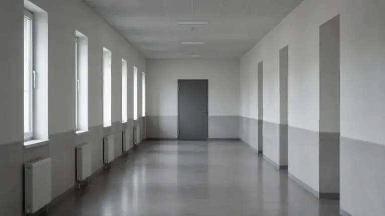 Institutioneller Korridor mit einzelner geschlossener Tür — verdeckte Vorteilsgewährung und Bestechung.
