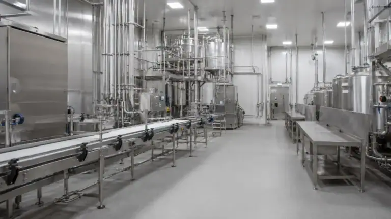 Edelstahl-Produktionshalle der Lebensmittelindustrie — Verantwortung nach LFGB und EU-Basisverordnung.