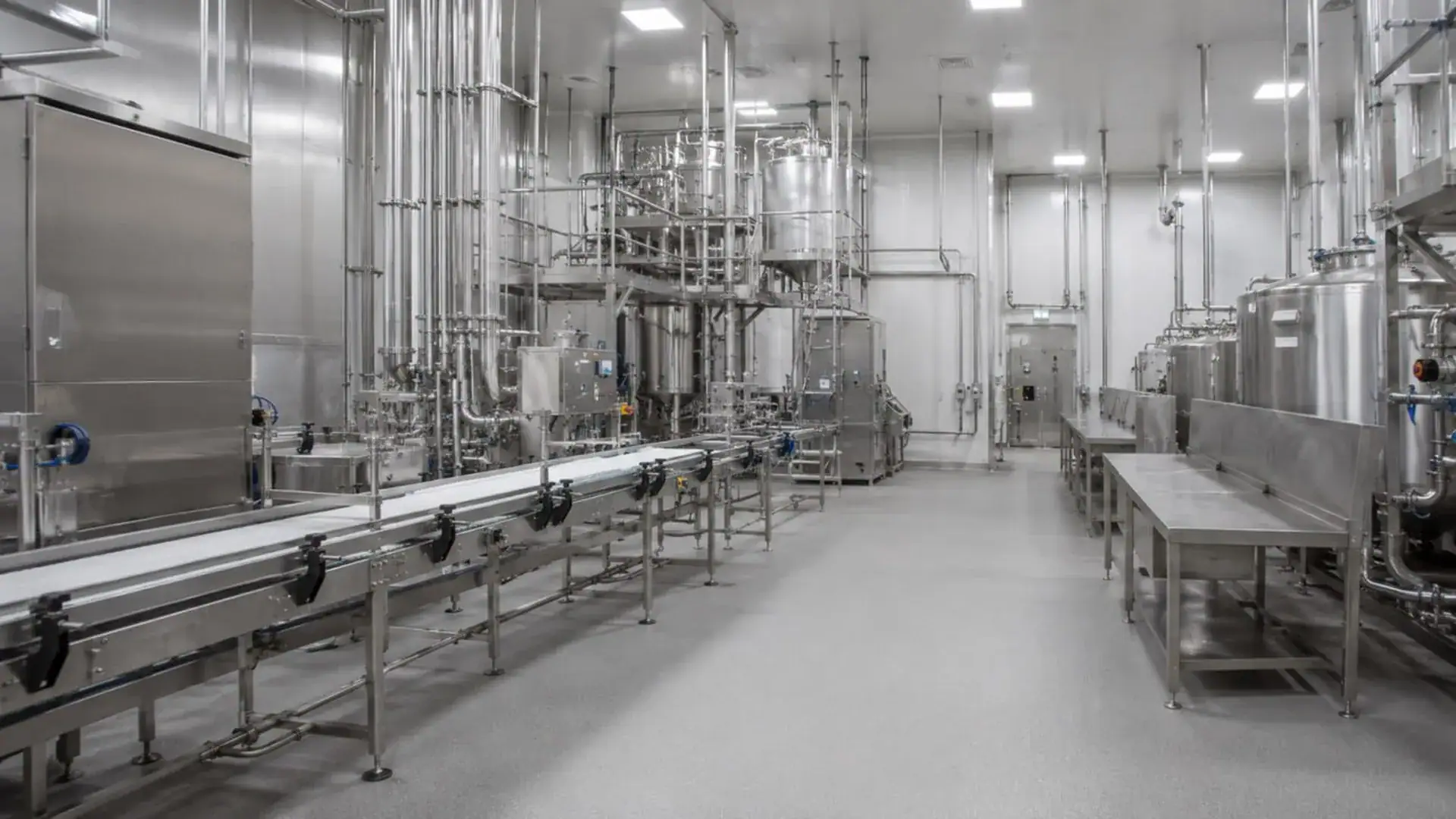 Edelstahl-Produktionshalle der Lebensmittelindustrie — Verantwortung nach LFGB und EU-Basisverordnung.