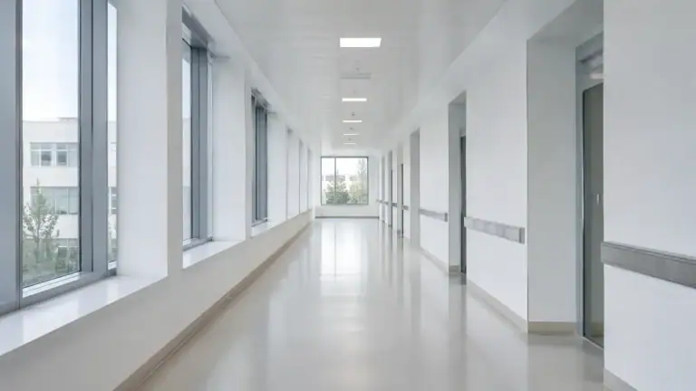 Leerer heller Klinikflur — Abrechnungsbetrug und Pflichten von Ärzten und Krankenhäusern.
