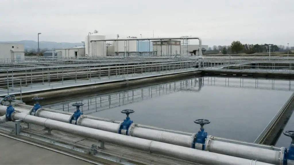 Klärbecken und Rohrleitungen einer betrieblichen Abwasseranlage im Tageslicht