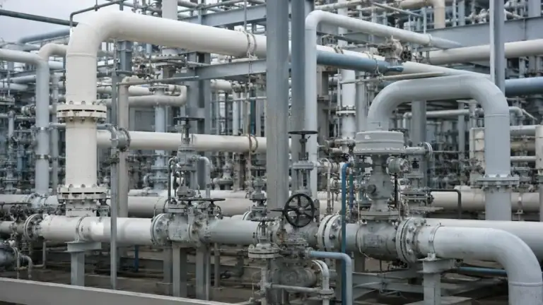 Dicht vernetztes Industrierohrsystem mit Ventilen — Chemieanlage als Tatort des Chemiestrafrechts nach ChemG und § 328 StGB.