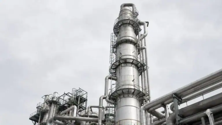 Destillationskolonnen einer Chemieanlage vor bedecktem Himmel — Behördenpraxis und Bußgelder im Chemikalienrecht.