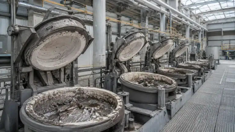 Reihe geöffneter Schmelztiegel in einer Edelmetall-Recyclinganlage — industrielle Prozesskontrolle als Betrugsrisiko im Lieferantengeschäft.