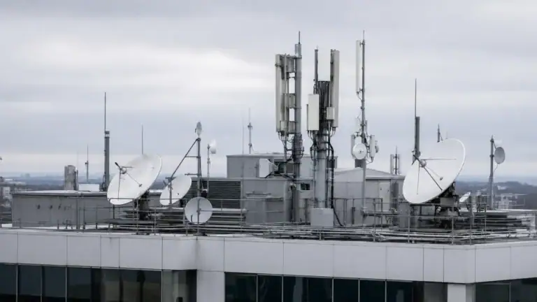 Kommunikationsantennen und Satellitenschüsseln auf einem Gebäudedach — Sinnbild für Informationsschutz und Geheimnisschutz-Compliance