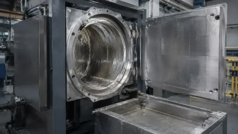 Geöffnete Mahlanlagen-Kammer mit Rückständen — Sinnbild für Prozess- und Abrechnungstransparenz im Edelmetall-Recycling.