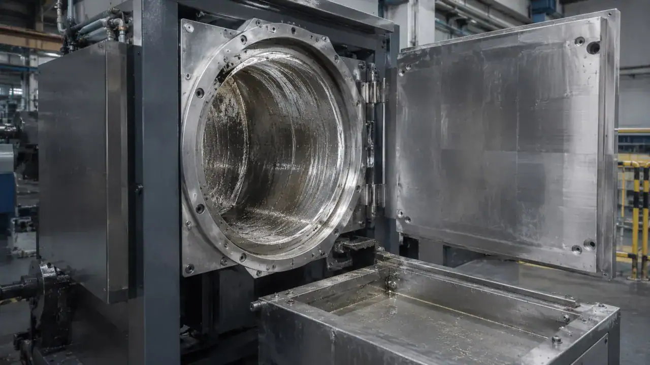 Geöffnete Mahlanlagen-Kammer mit Rückständen — Sinnbild für Prozess- und Abrechnungstransparenz im Edelmetall-Recycling.