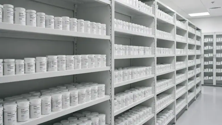 Pharmazeutisches Probenarchiv mit weißen Behälterreihen — Arzneimittelkontrolle und Pharma-Strafrecht.