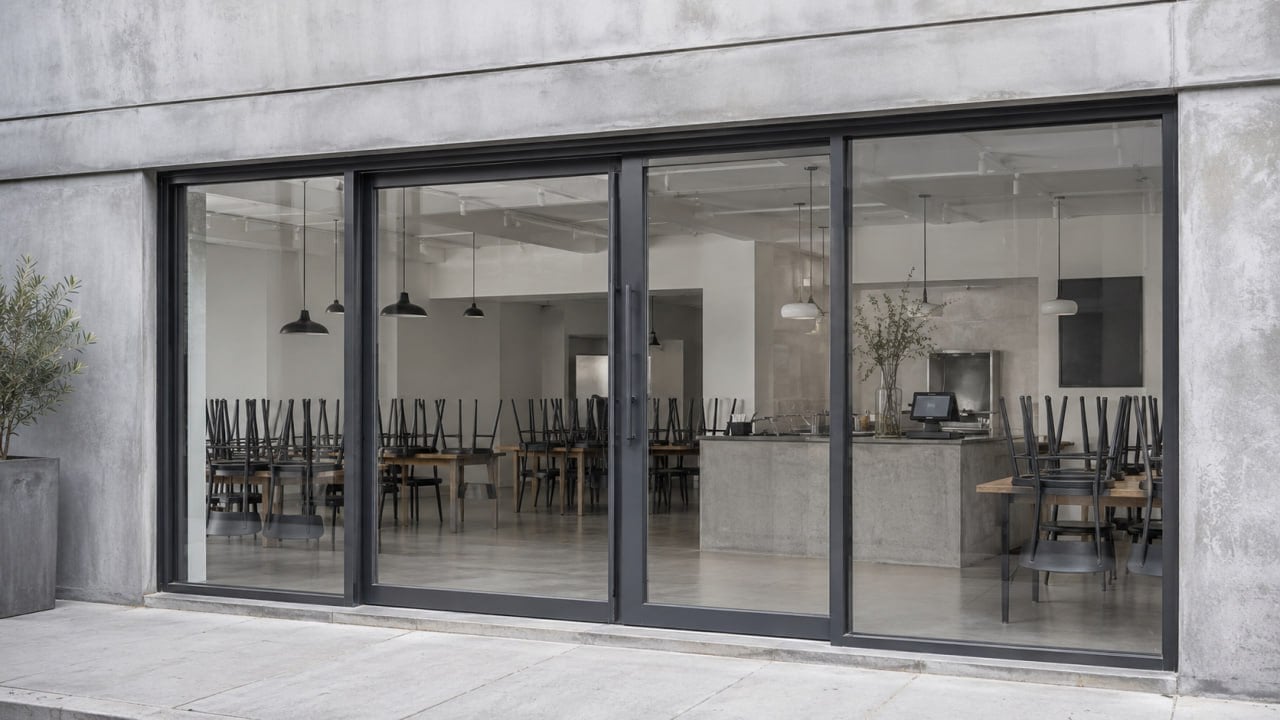 Geschlossene Gastronomie hinter Glasfront — Symbol für die unangekündigte Kassen-Nachschau nach § 146b AO