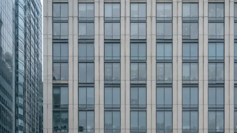 Gleichförmige Bürofassade mit Betonraster und Glasflächen — Metapher für strukturierte Vorstandsverantwortung.