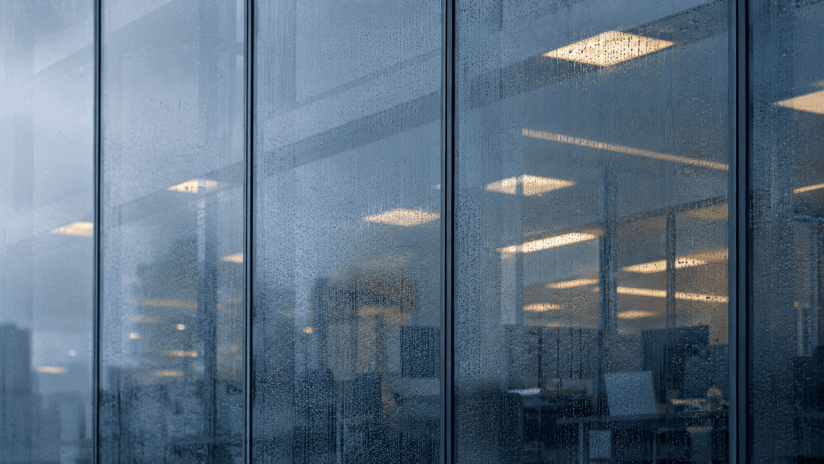 Rain-covered glass facade of a modern office building — white-collar crime defense and corporate criminal law in Germany.